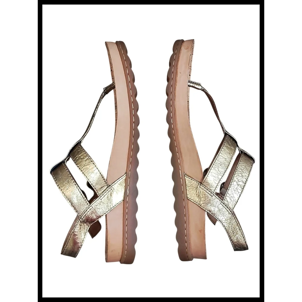 BORN Reta Leather Comfort T-strap Thong Sandals Double Buckle Gold Foil 8 - Picture 6 of 13